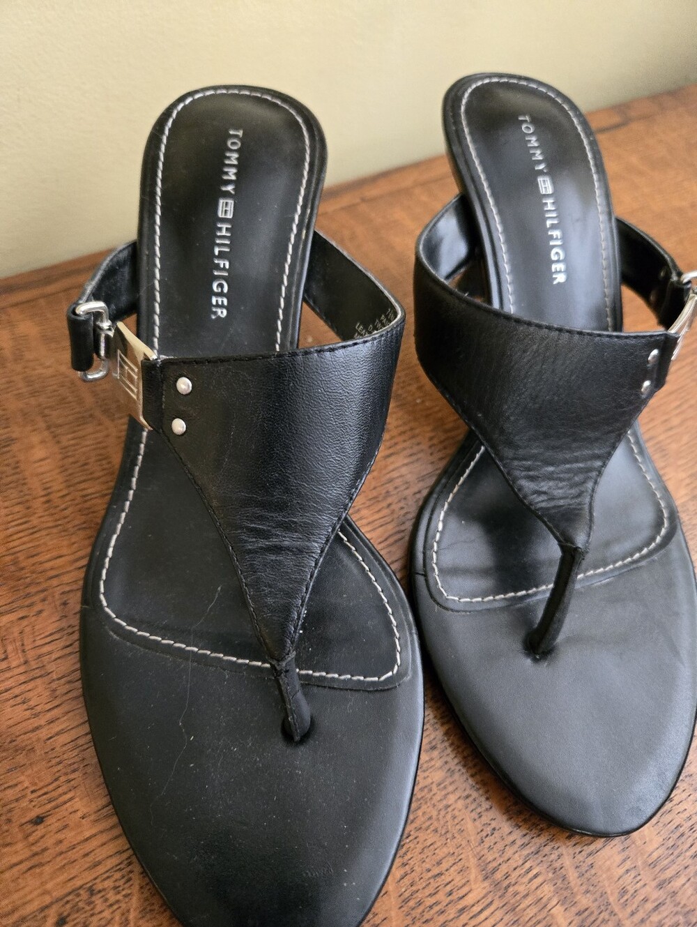 Tommy Hilfiger "Paige" Black Leather Kitten Heel Sandals.